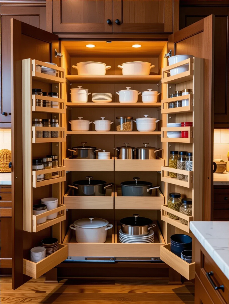 Organized traditional kitchen cabinet with pull-out organizers showcasing pots and pans.