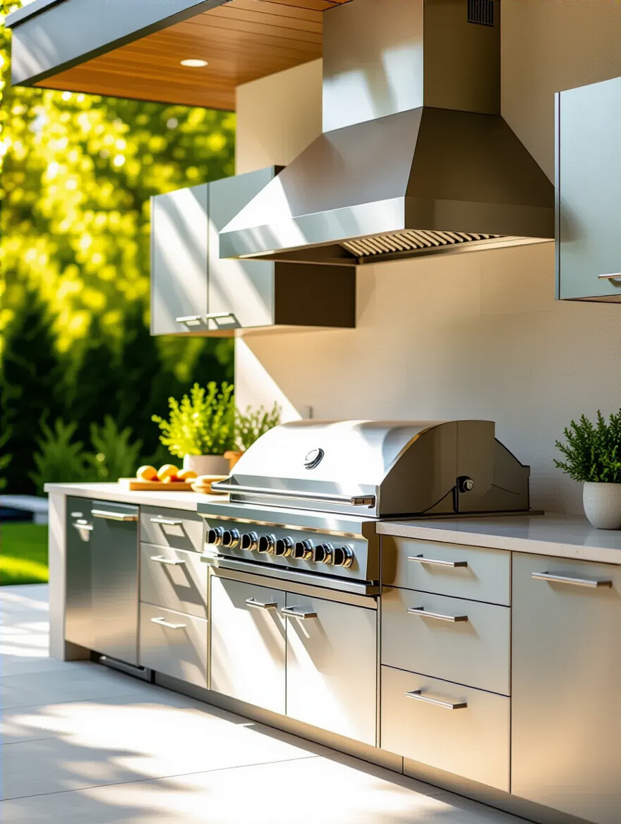 Pristine outdoor kitchen cabinets with clean, polished surfaces under natural daylight, showcasing a well-maintained outdoor cooking area