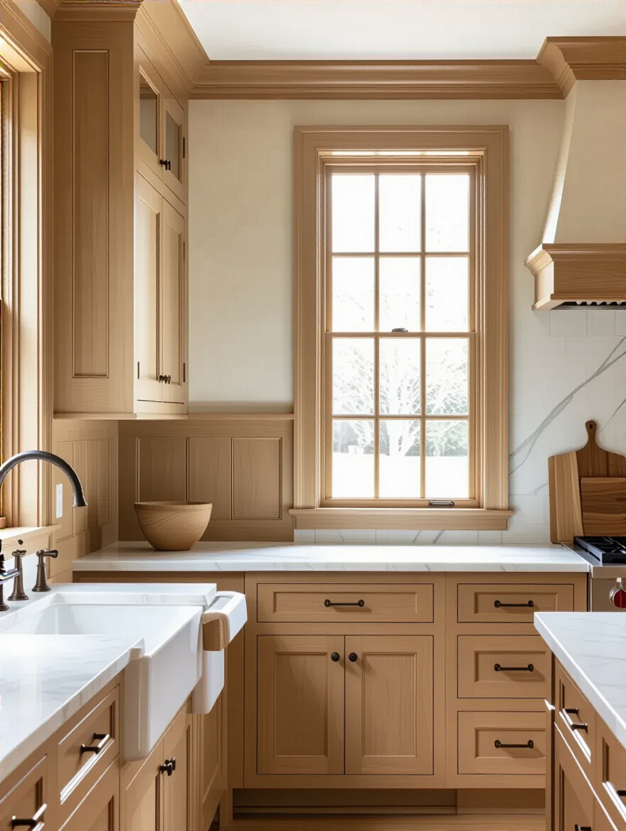 Elegant kitchen wall featuring architectural millwork with wainscoting, crown molding, and custom cabinetry in warm natural lighting