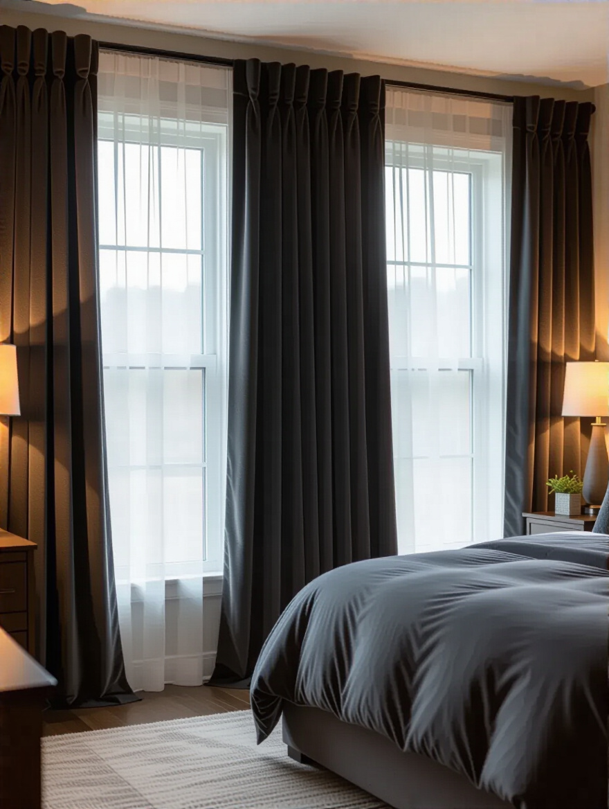 Cozy bedroom with floor-to-ceiling charcoal velvet blackout drapes fully covering a large window, creating a dark, serene atmosphere