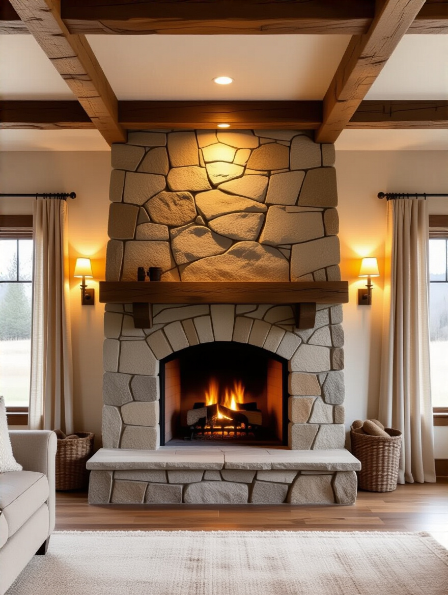 Rustic living room with natural stone fireplace surround and warm lighting emphasizing texture