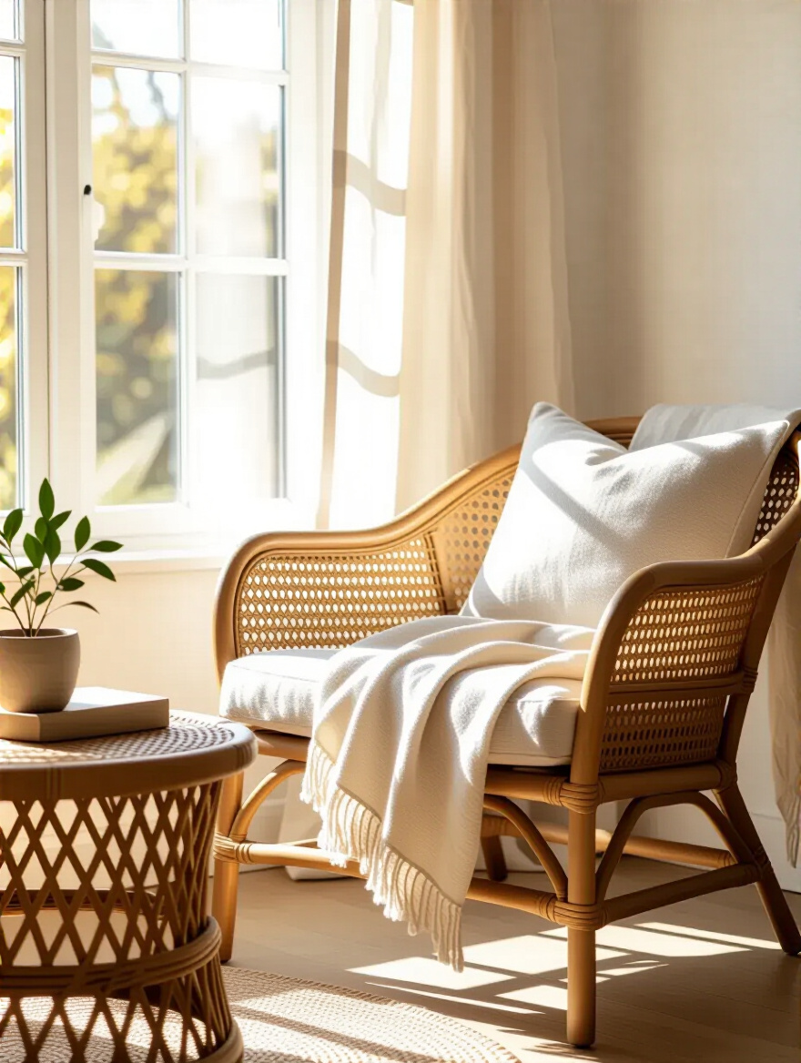 Cozy rustic living room corner with woven cane armchair and rattan side table featuring natural sunlight and warm tones