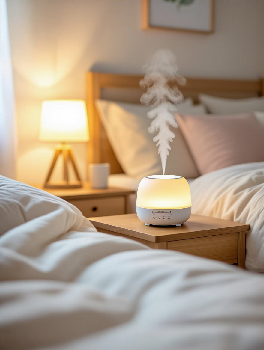 Ultrasonic aromatherapy diffuser emitting mist on a wooden nightstand in a warmly lit cozy bedroom corner