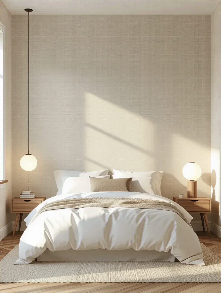Serene bedroom with subtle linen-textured wallpaper accent wall, natural lighting highlighting sophisticated depth