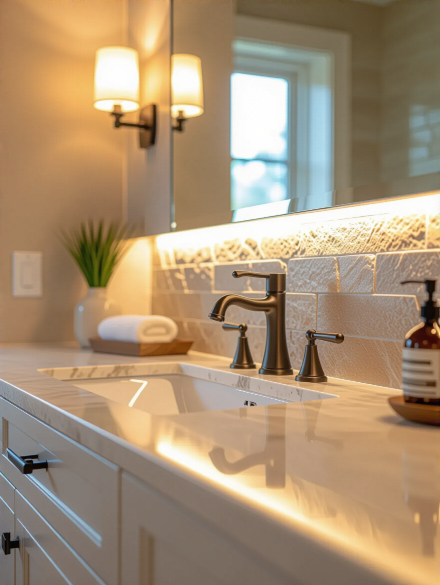 Elegant bathroom vanity with polished natural stone backsplash
