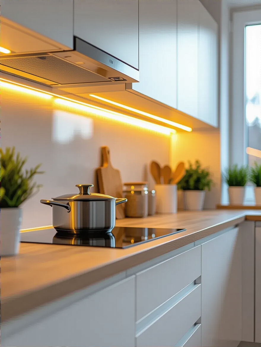 Scandinavian kitchen with under-cabinet lighting illuminating a countertop