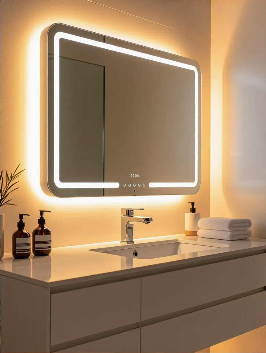 Modern bathroom vanity with smart technology features including a smart mirror and touchless faucets.