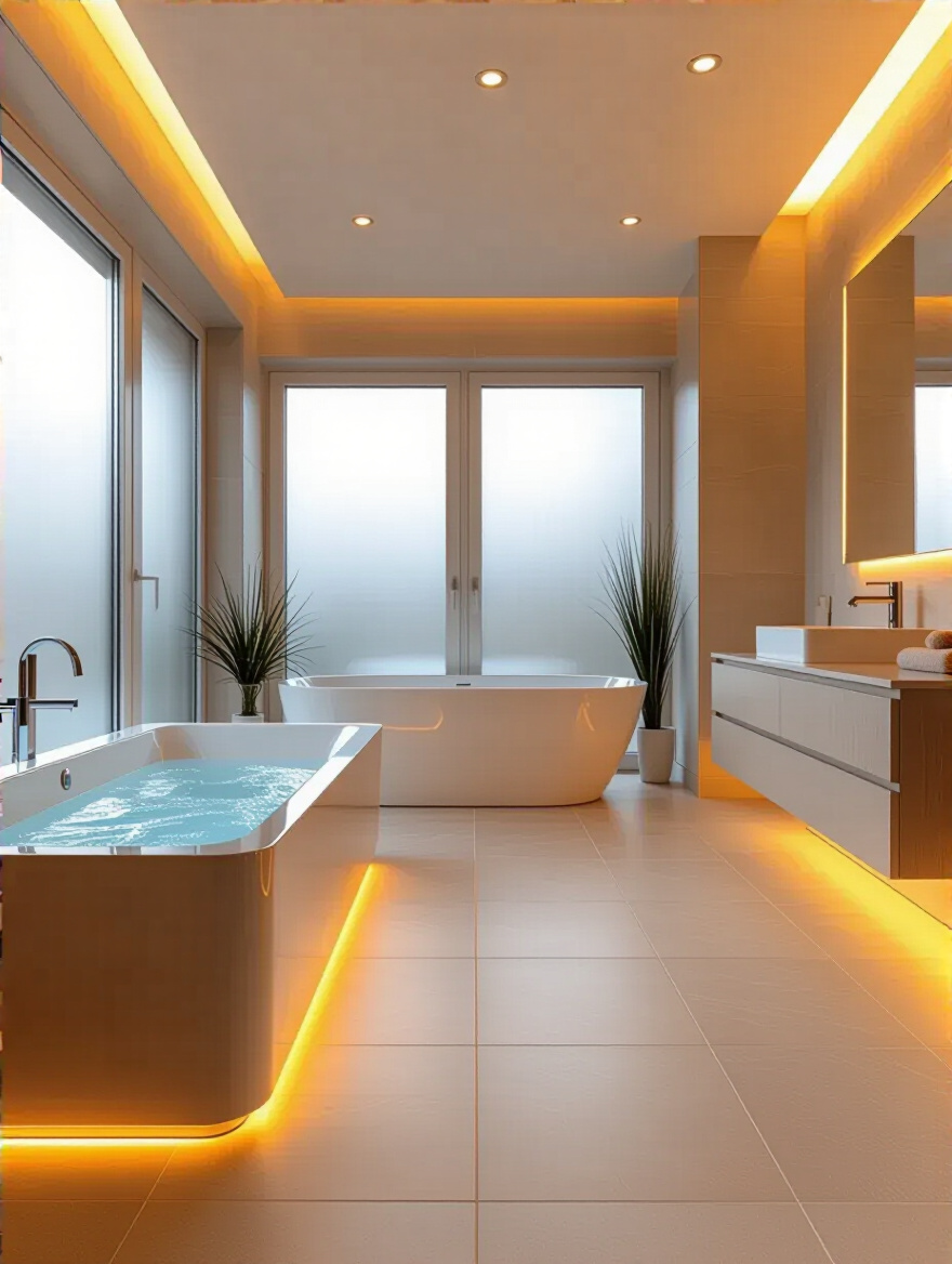 Modern luxury bathroom interior showcasing warm underfloor radiant heating with large porcelain tiles and elegant fixtures