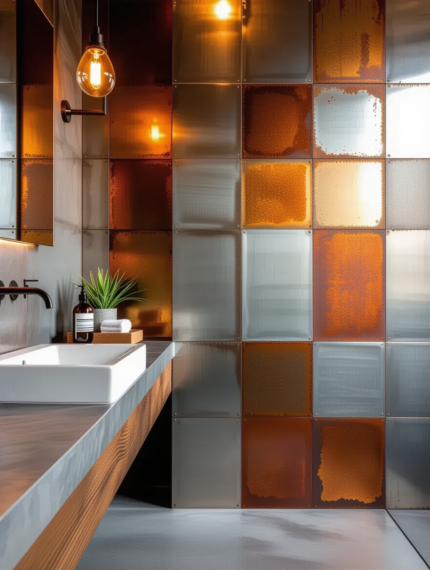 An industrial bathroom with metallic sheen accent tiles showcasing a sophisticated blend of steel and rust effects.