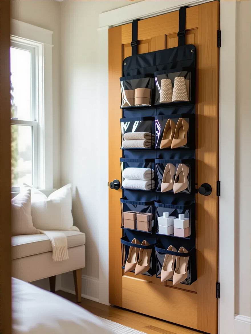 A well-organized behind-door organizer showcasing shoes and accessories in a bright bedroom.