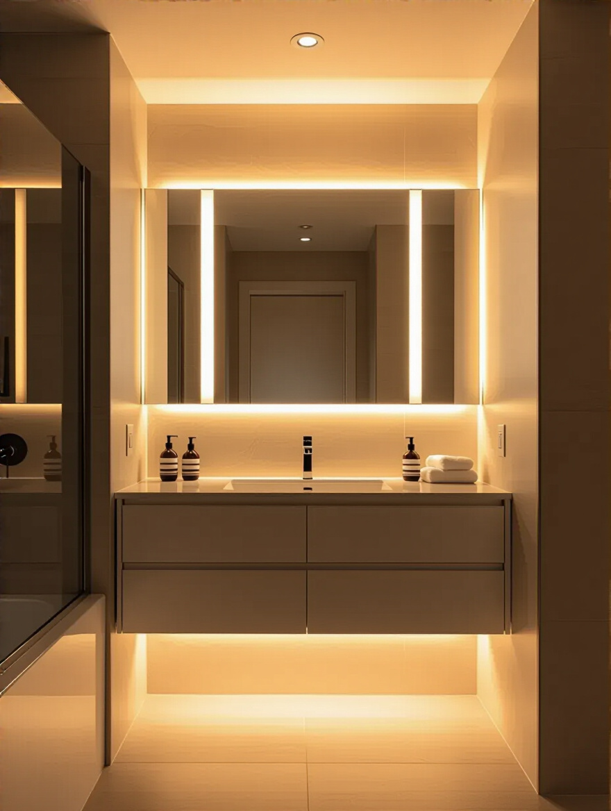 Modern bathroom with dimmable LED lights creating flexible ambiance and warm lighting