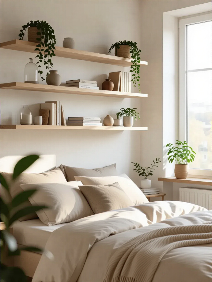 Stylish bedroom with floating shelves displaying decor and books above a bed.