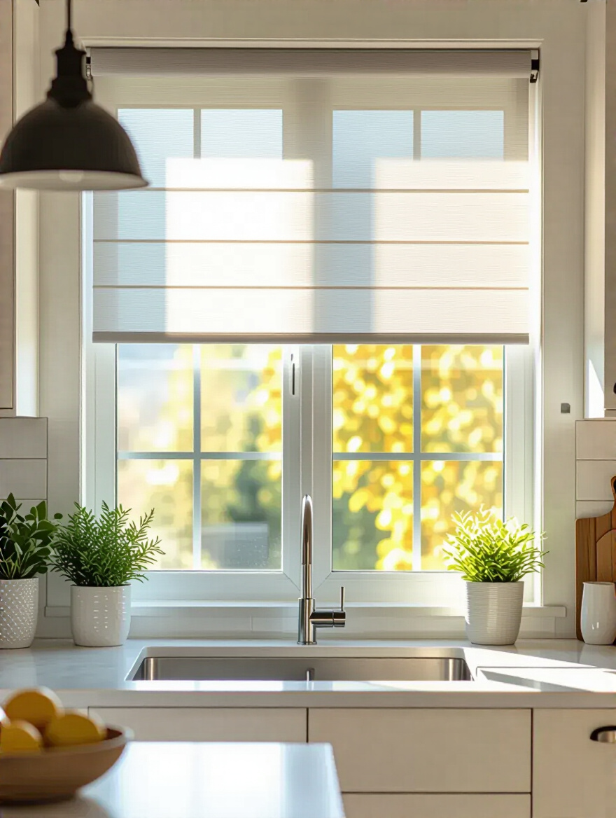 Modern kitchen window with inexpensive roller blinds and frosted window film providing privacy and style