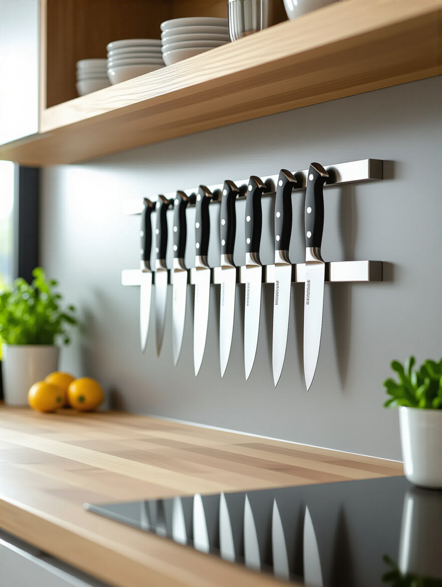 Modern kitchen wall with sleek magnetic knife strip holding various knives above a clean countertop