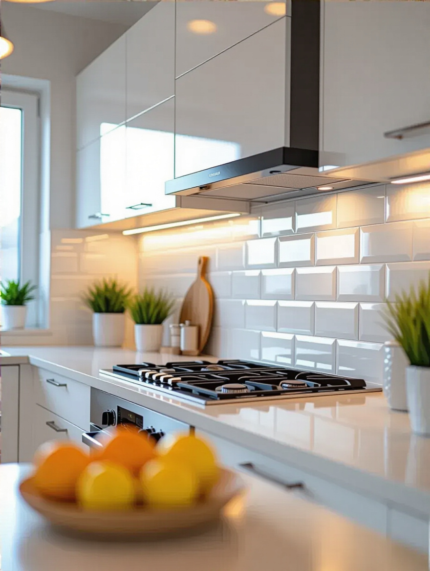 Portrait image of a modern kitchen with a newly installed peel-and-stick backsplash showcasing a sleek, textured tile pattern under bright natural and overhead lighting