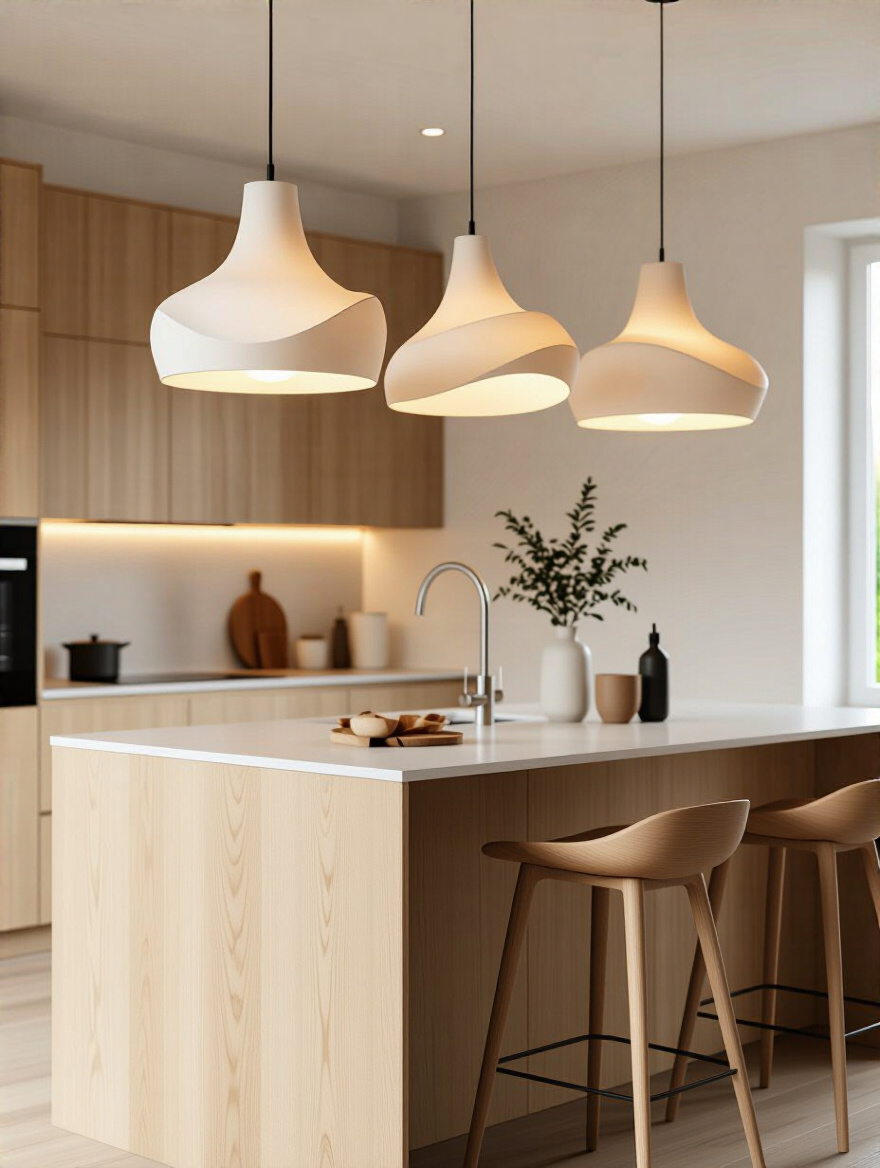 Scandinavian kitchen with sculptural pendant lights above the island