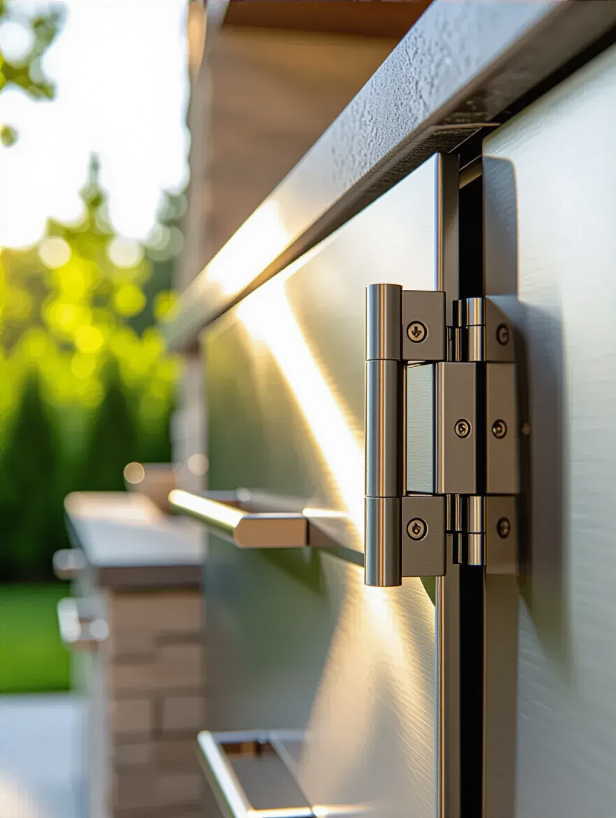 Close-up of outdoor kitchen cabinet door with stainless steel soft-close hinge mechanism in natural daylight
