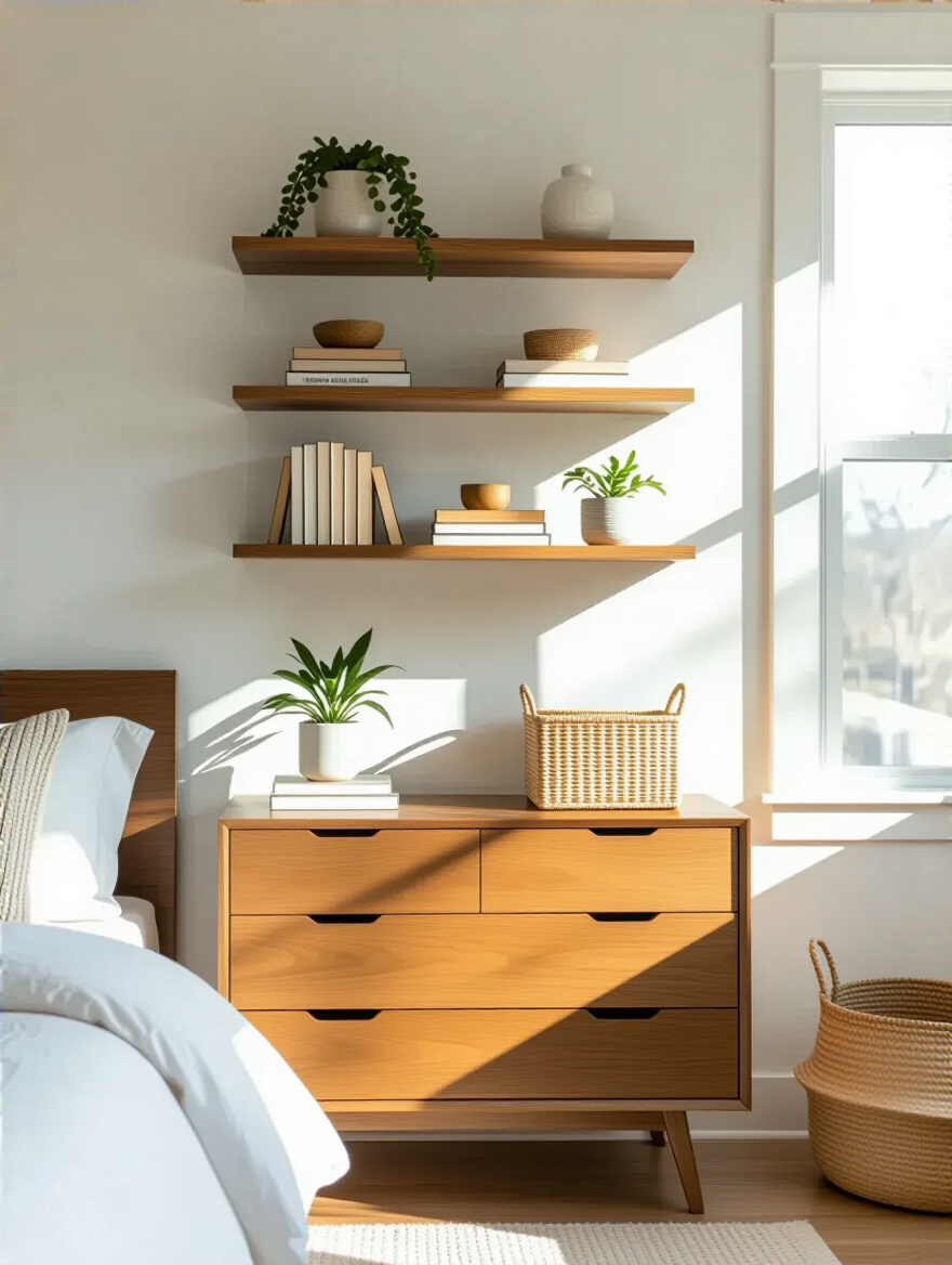 Minimalist bedroom corner with wall-mounted floating shelves displaying books and plants, no people