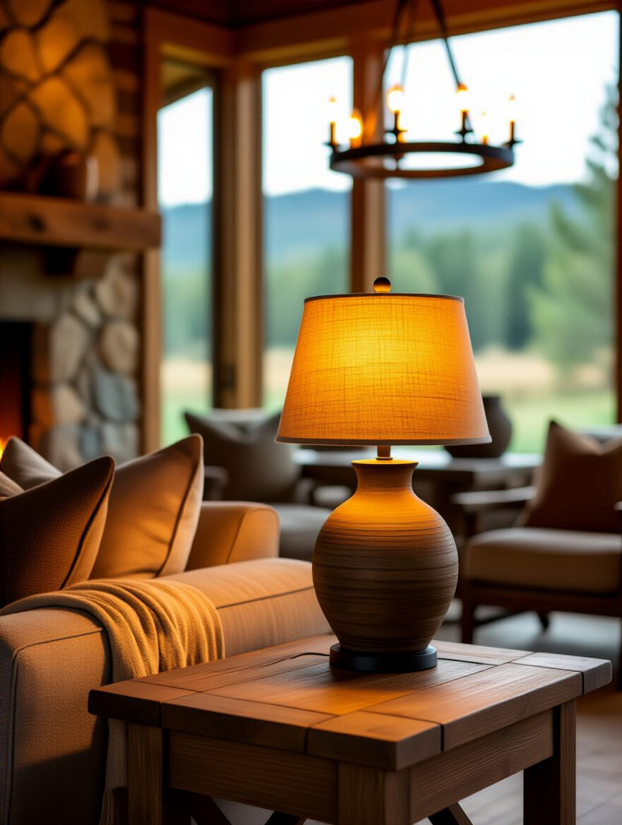Rustic living room corner with warm, dimmable ambient lighting highlighting wooden textures and stone accents