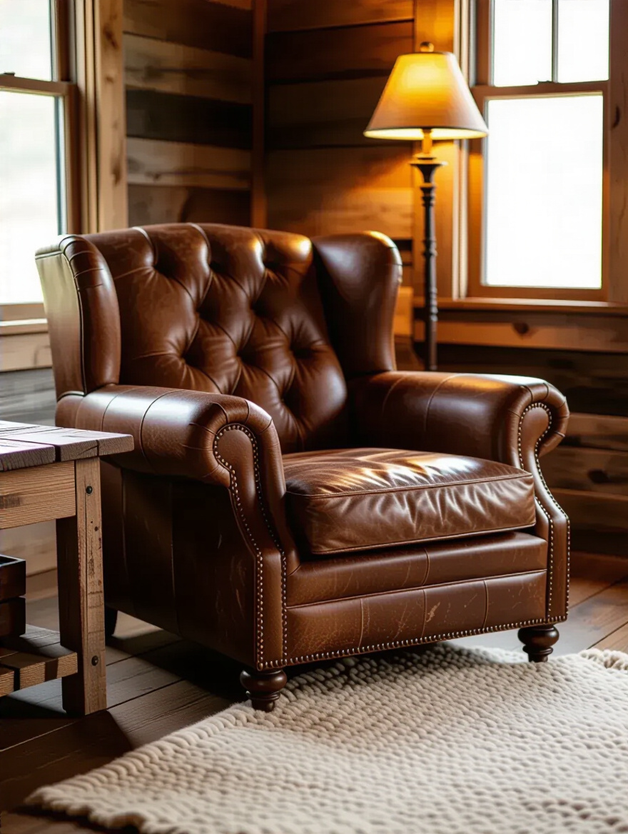 Rustic living room corner with a distressed leather armchair and natural wood accents under warm lighting