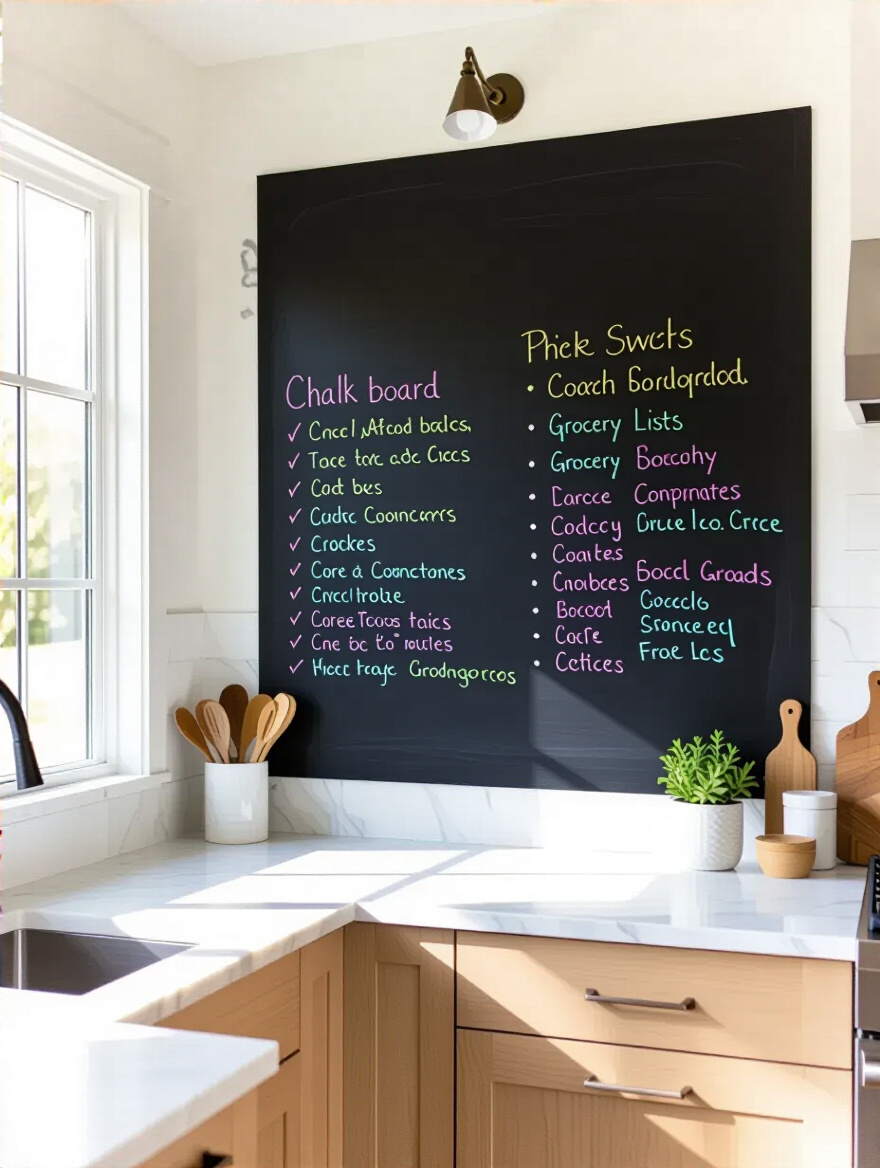 Modern kitchen wall with integrated chalkboard panel featuring colorful notes and lists