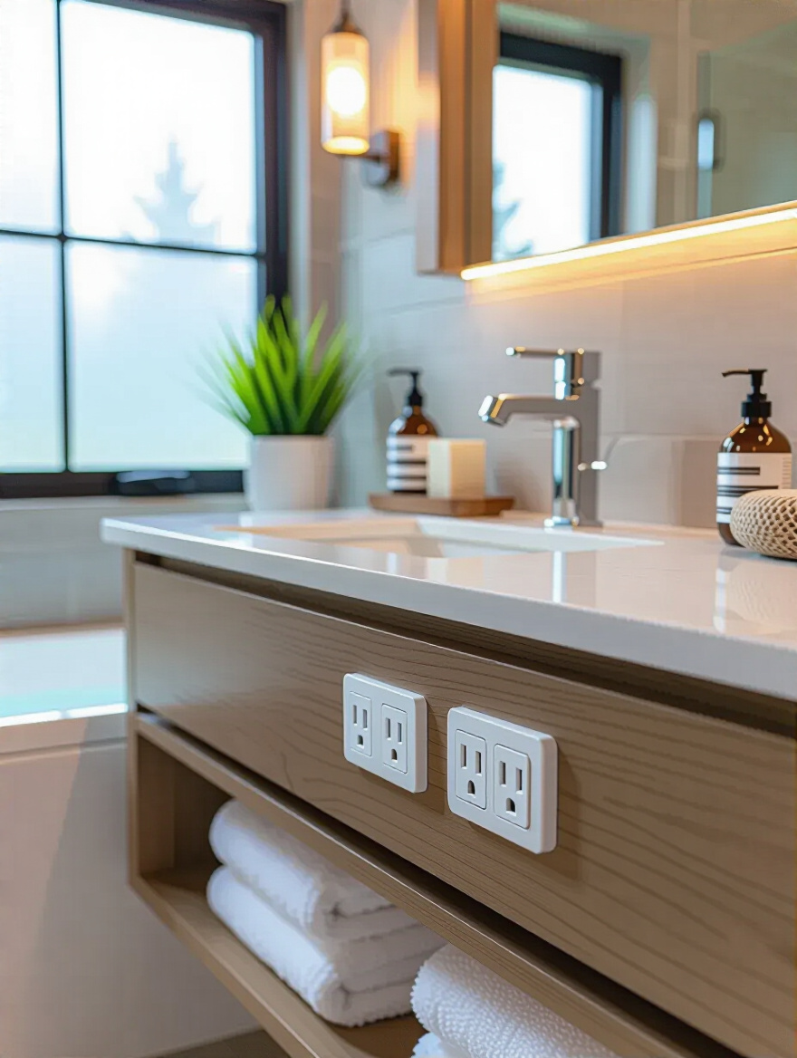 Modern bathroom vanity with integrated power outlets and clean countertop