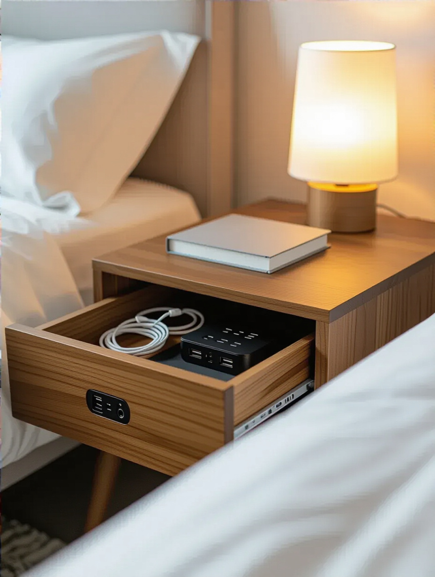 Cozy bedroom nightstand with discreet charging station hidden inside drawer, neat cables and multi-port charger