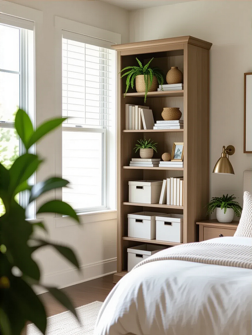 A stylish bedroom featuring an integrated display and storage bookcase filled with decor and organized items.