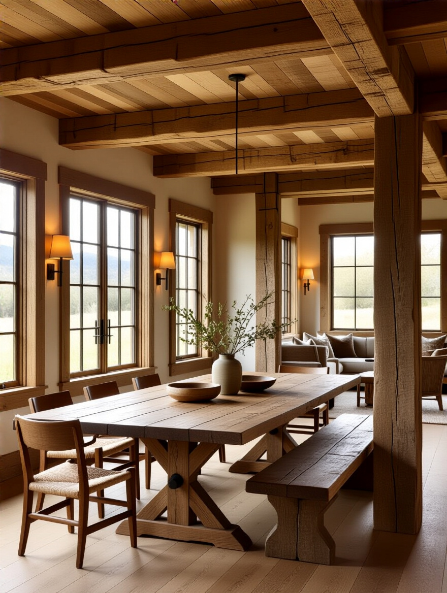 Rustic dining room with exposed wooden beams and reclaimed wood paneling