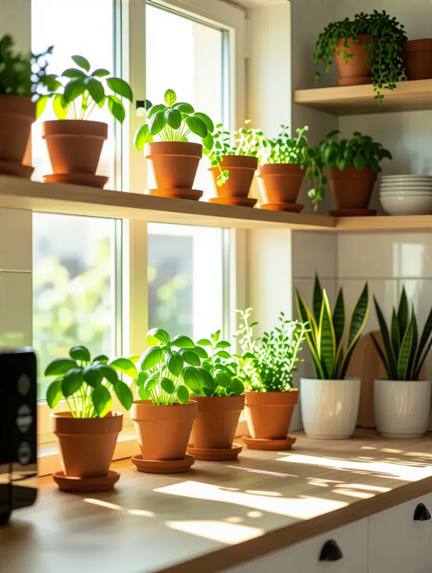 Bright modern kitchen with live plants in terracotta pots on windowsill and shelves, showing fresh green textures and natural decor