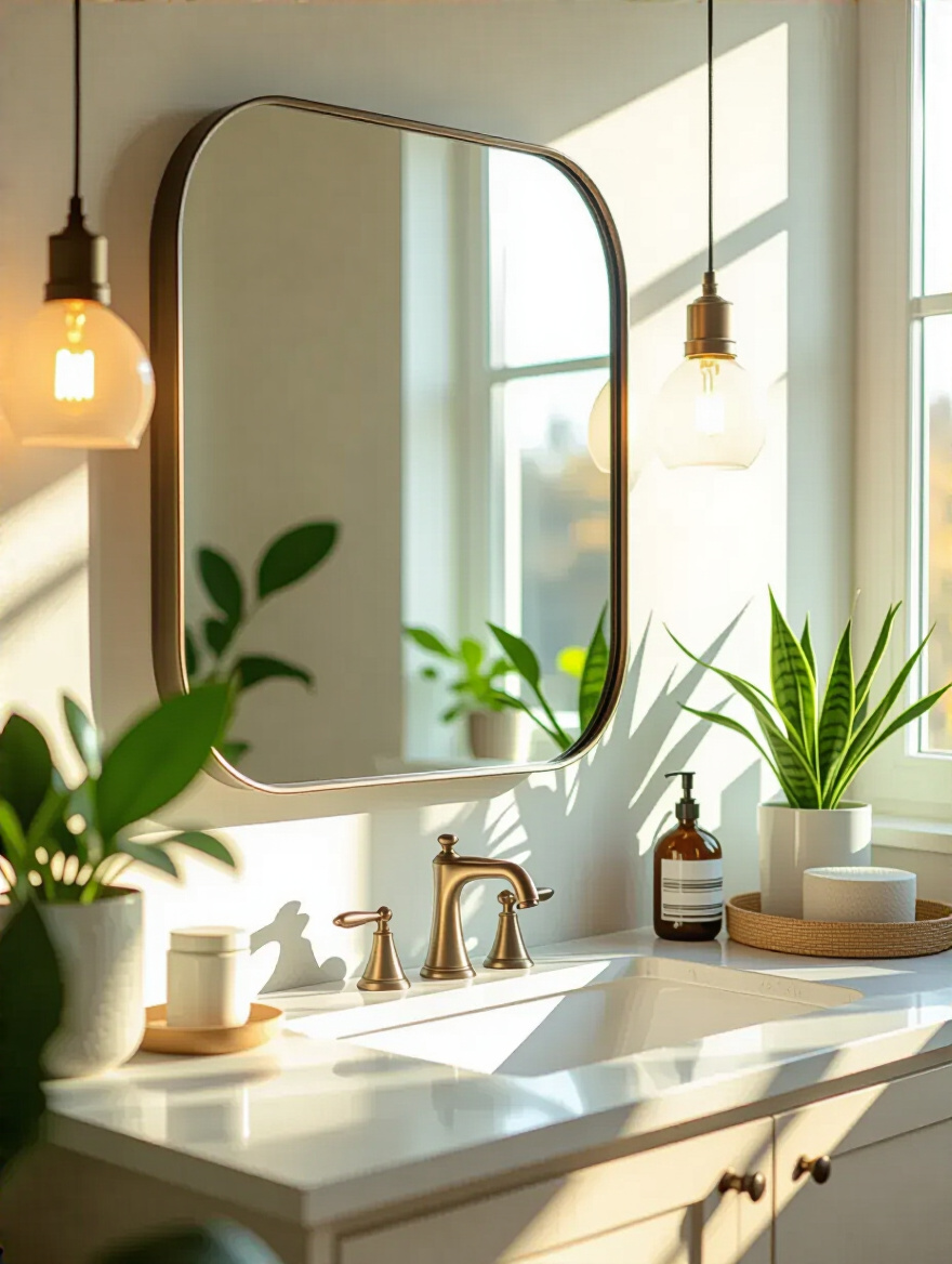 Elegant bathroom vanity with large frameless mirror reflecting natural light