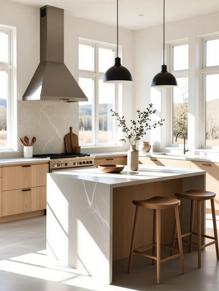 Scandinavian kitchen featuring honed marble and polished concrete accents