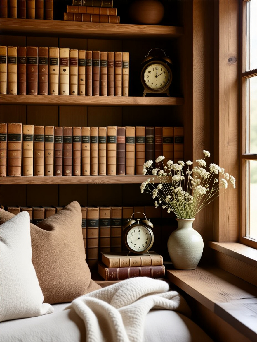 Rustic living room corner with built-in wooden bookshelf filled with old vintage books and rustic decor