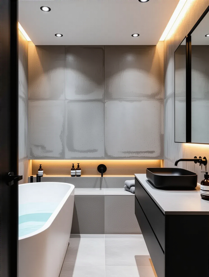 Modern industrial bathroom with matte black fixtures and concrete-effect tiles