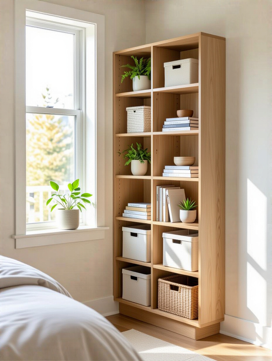 Slim corner shelving unit in a bedroom corner neatly organized with books, plants, and storage bins, illuminated by natural light.