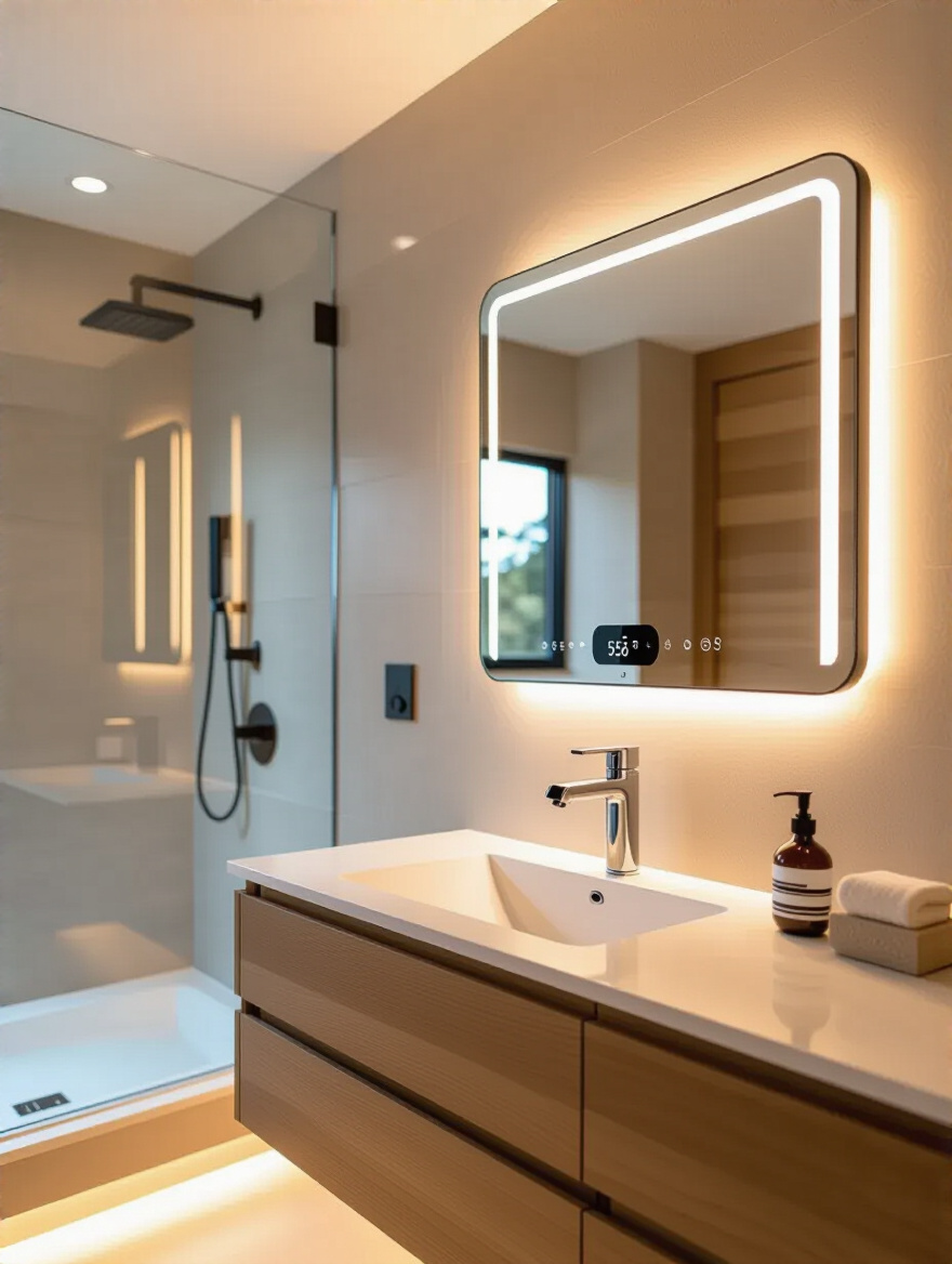 Modern bathroom vanity with smart mirror, touchless faucet, and ambient smart lighting showcasing integrated smart home technology