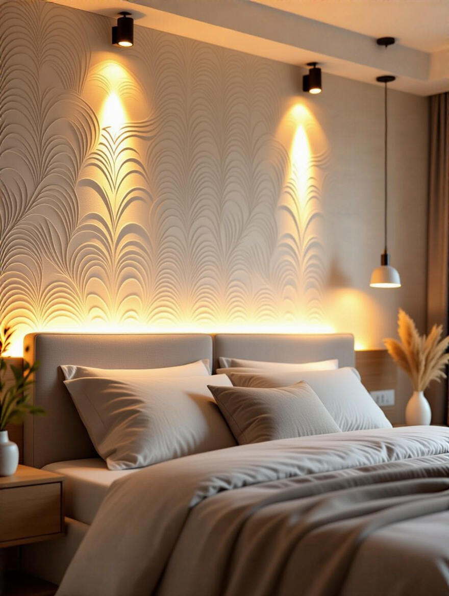 Bedroom accent wall with textured wallpaper highlighted by warm targeted LED lighting creating depth and luxury