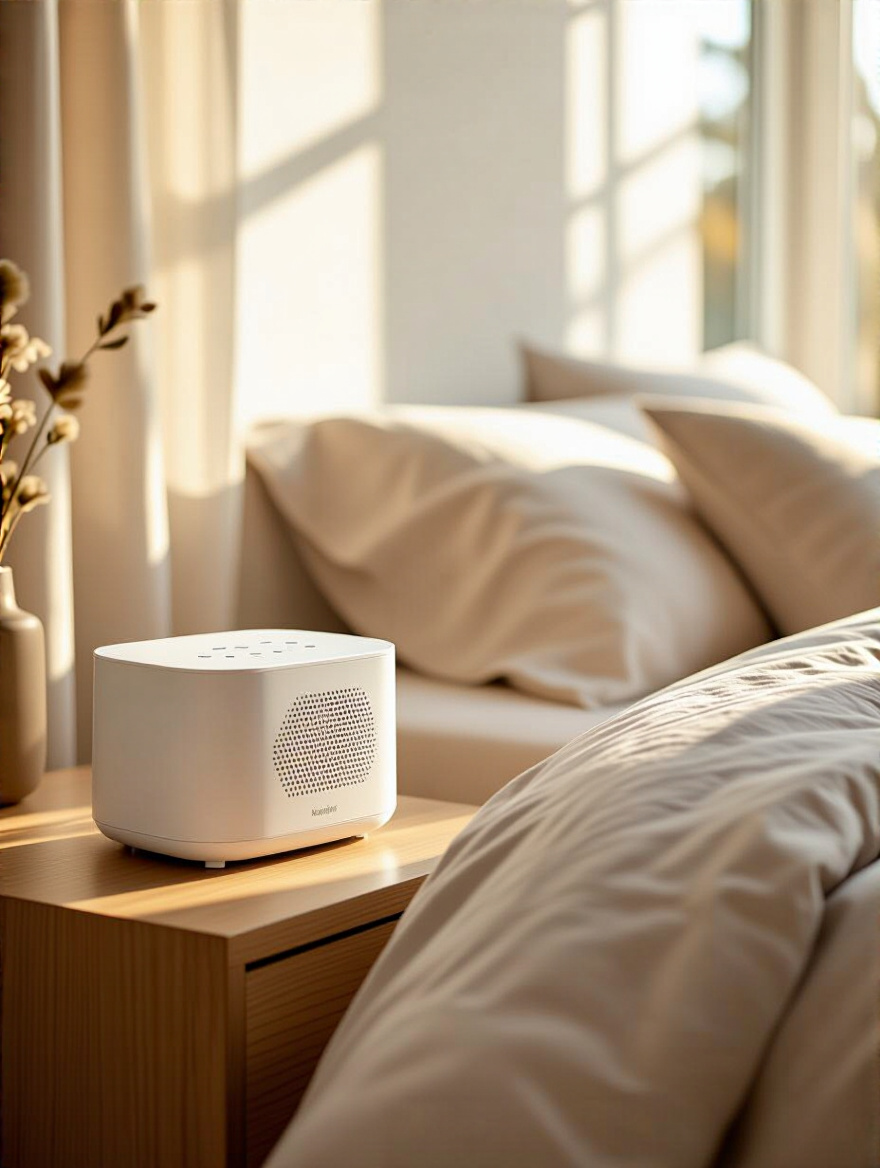 Cozy bedroom corner with a white noise machine on a wooden nightstand next to a bed, illuminated by soft natural light
