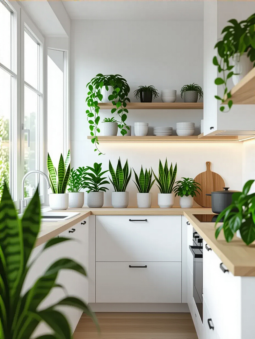 Scandinavian kitchen with lush greenery and plants