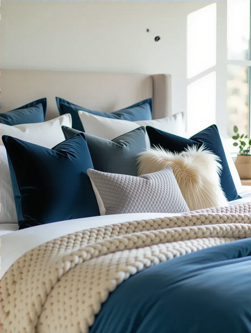 Luxurious throw pillows arranged on a cozy bed featuring velvet, faux fur, and knit textures in a warmly lit bedroom