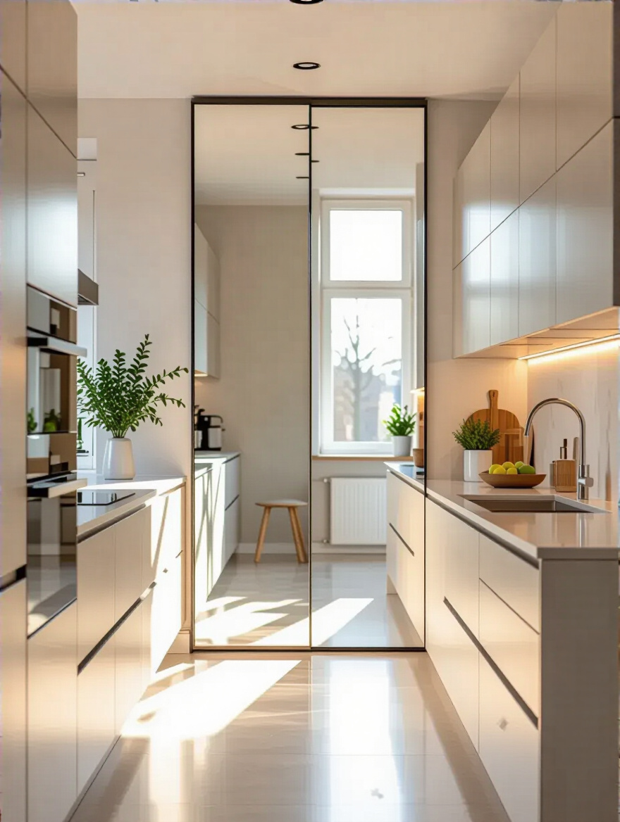 Modern kitchen with large frameless mirror wall reflecting natural light to enhance space and brightness