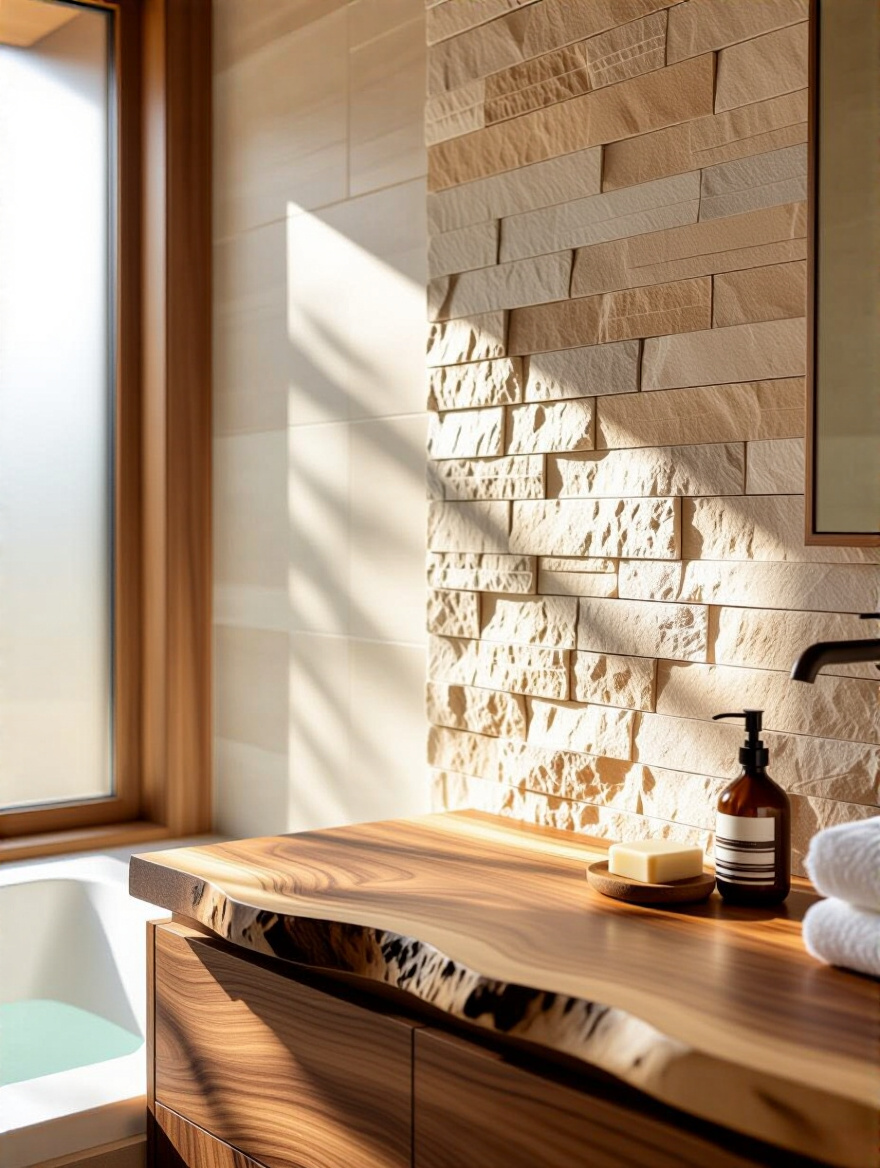 Bathroom interior featuring natural wood vanity and stone accent wall creating organic serenity
