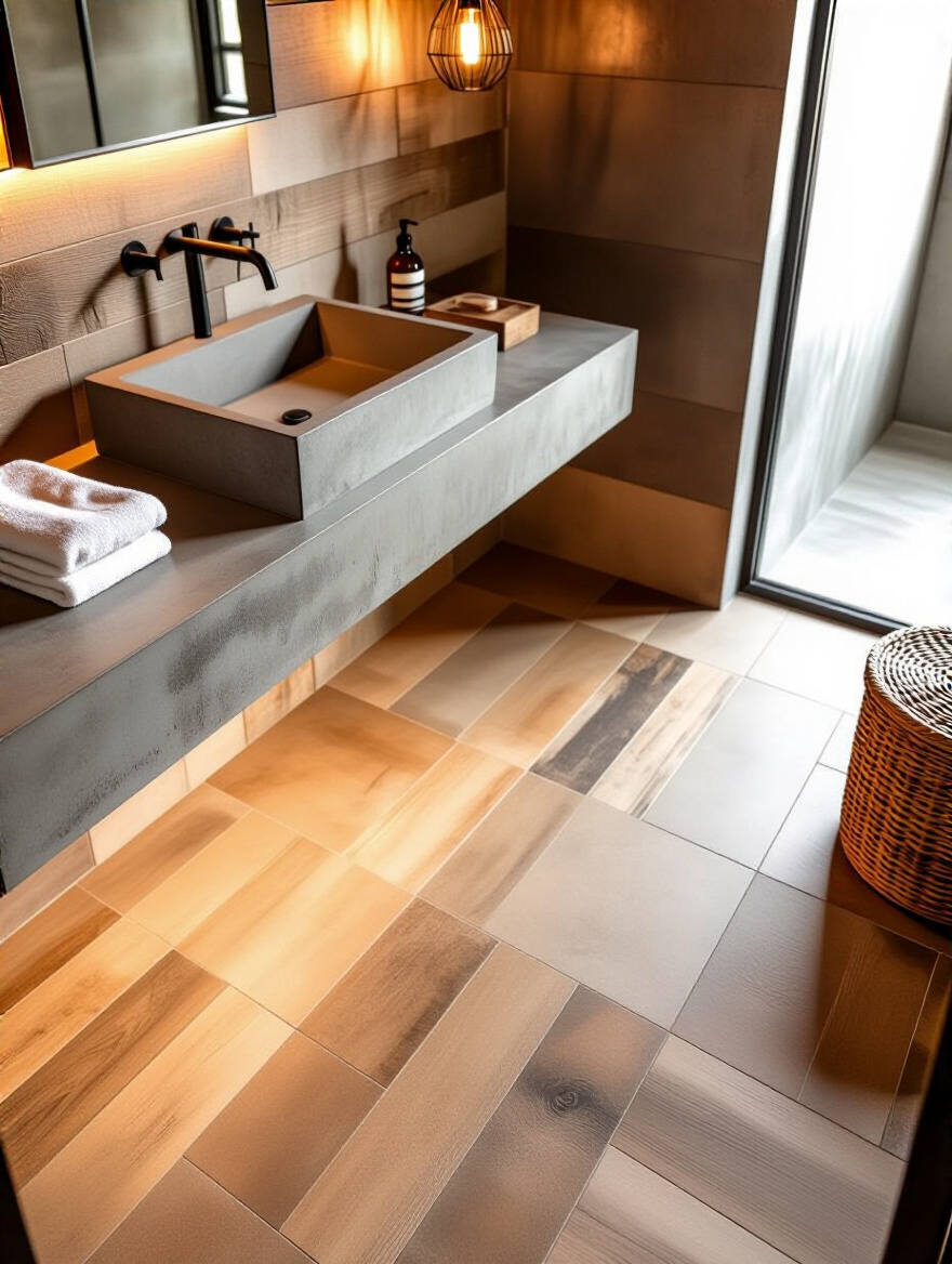 Industrial bathroom featuring warm weathered wood-look tiles on the floor and a concrete sink.