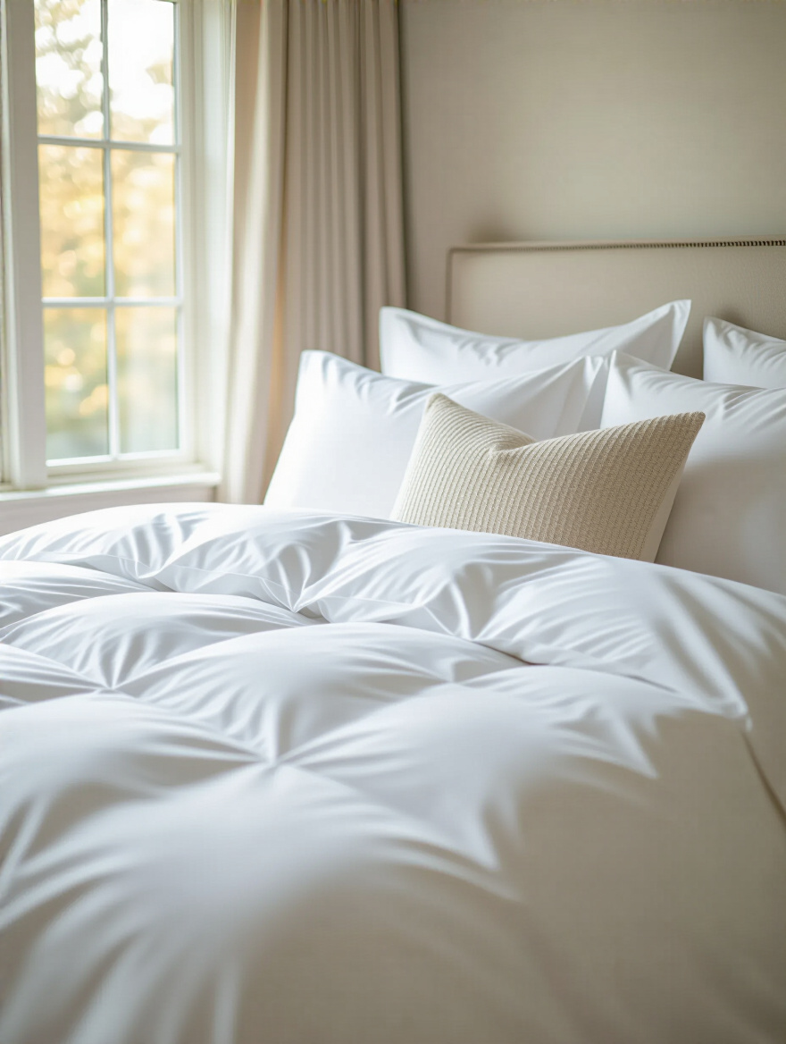 Luxurious bed with premium white Egyptian cotton bedding and plush pillows in a cozy, sunlit bedroom