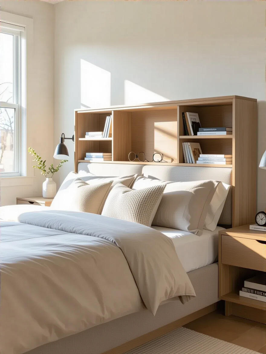 Modern bedroom with a storage headboard featuring shelves and compartments organizing bedside items neatly