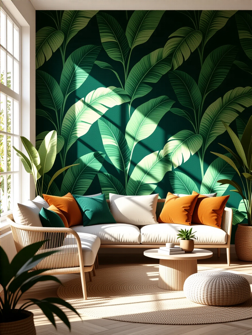 Living room with tropical-patterned removable wallpaper accent wall and modern decor.