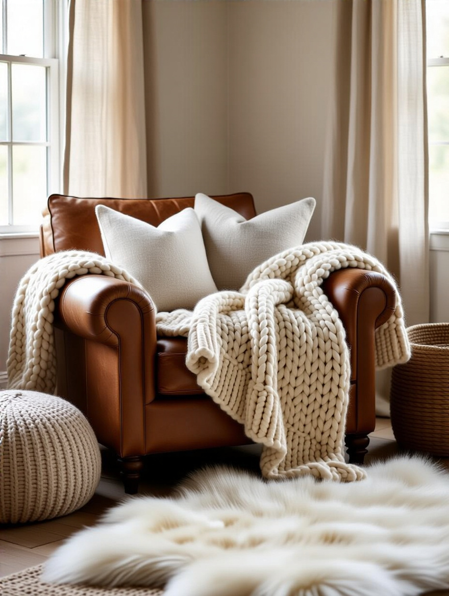 Rustic living room corner with layered natural textiles including wool throw, linen pillows, and faux fur rug on leather armchair