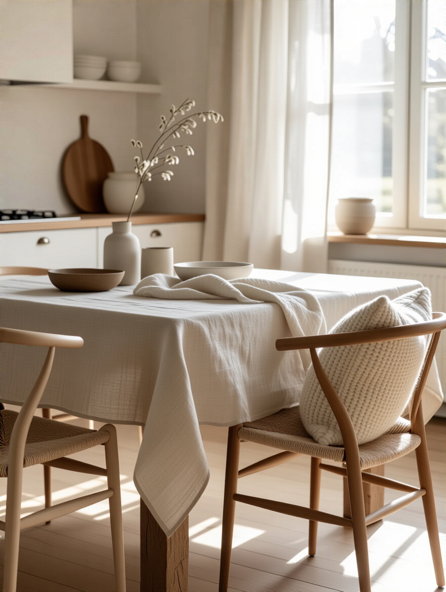 Scandinavian kitchen with layered natural textiles including linen and wool.