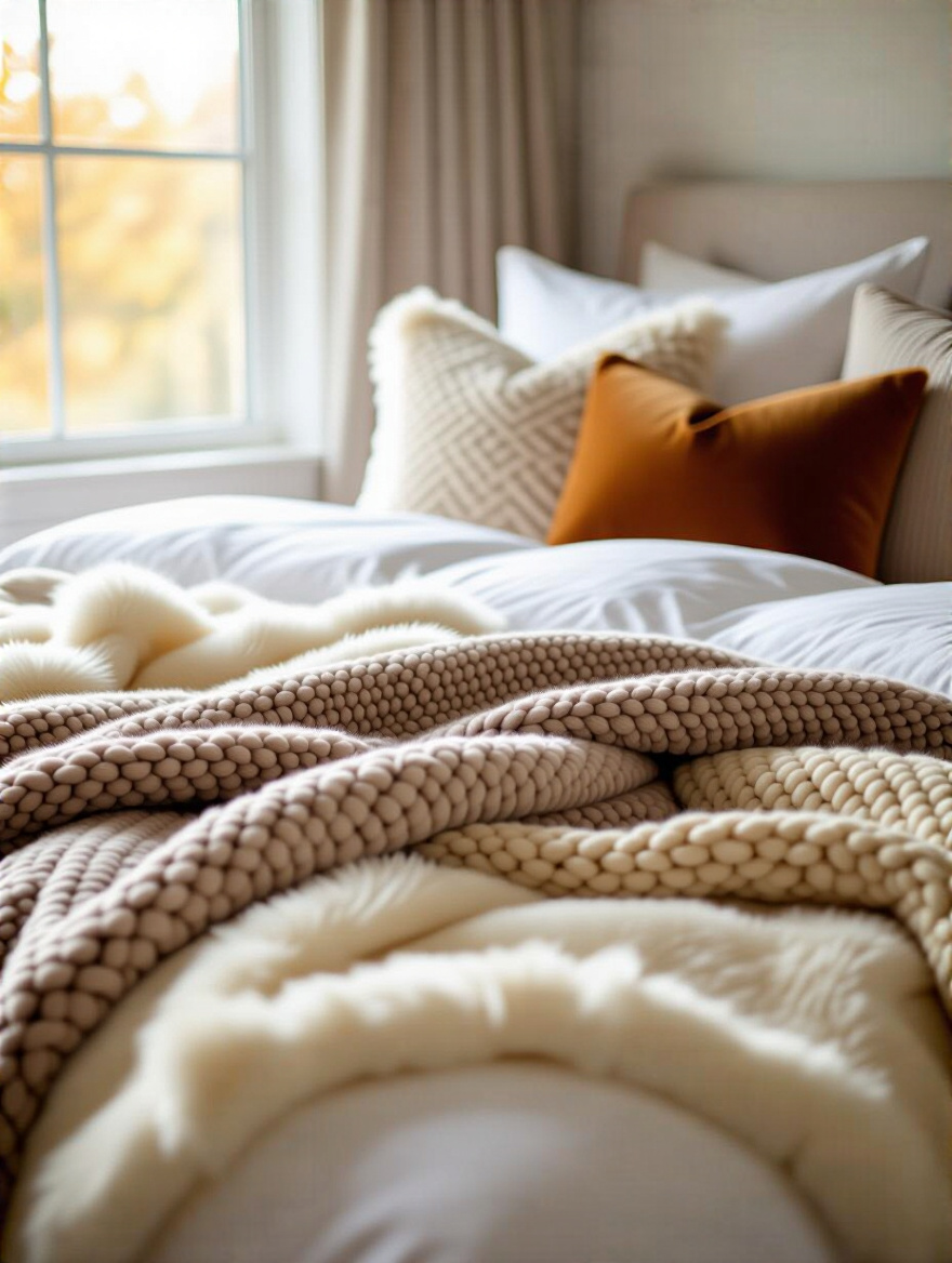 Cozy bedroom with layered plush throws and blankets on bed showcasing textures and warm lighting