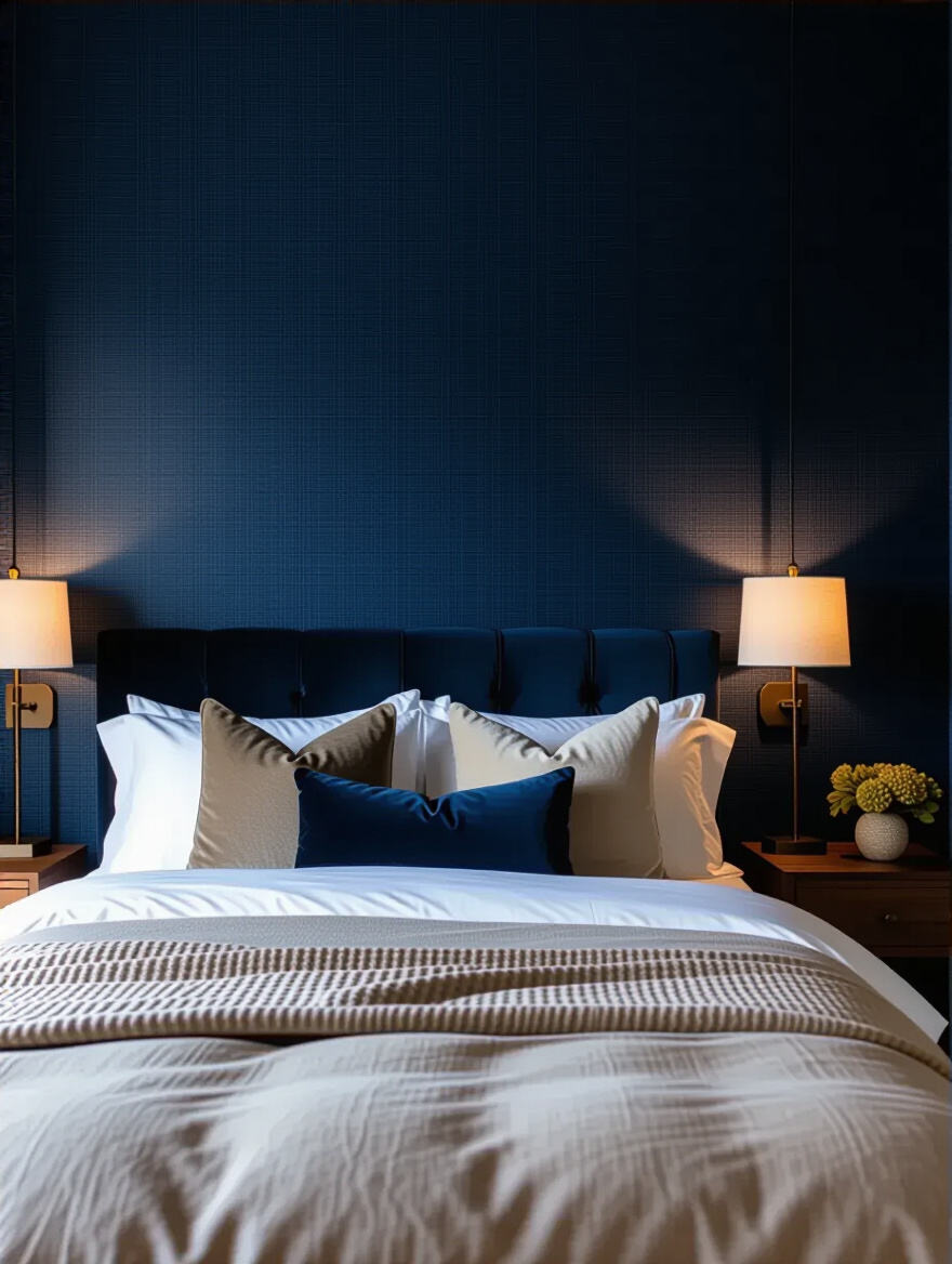 Cozy bedroom with deep navy blue textured wallpaper accent wall behind the bed and warm ambient lighting